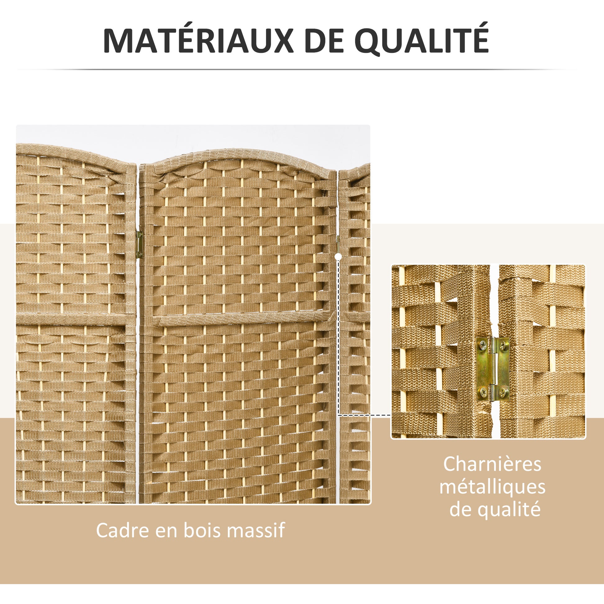 Indoor Wooden Room Divider 4 Panels 160 x 170 cm Foldable Privacy Screen with Woven Finish, Separation Partition for Living Room, Bedroom, Home, Natural Wood