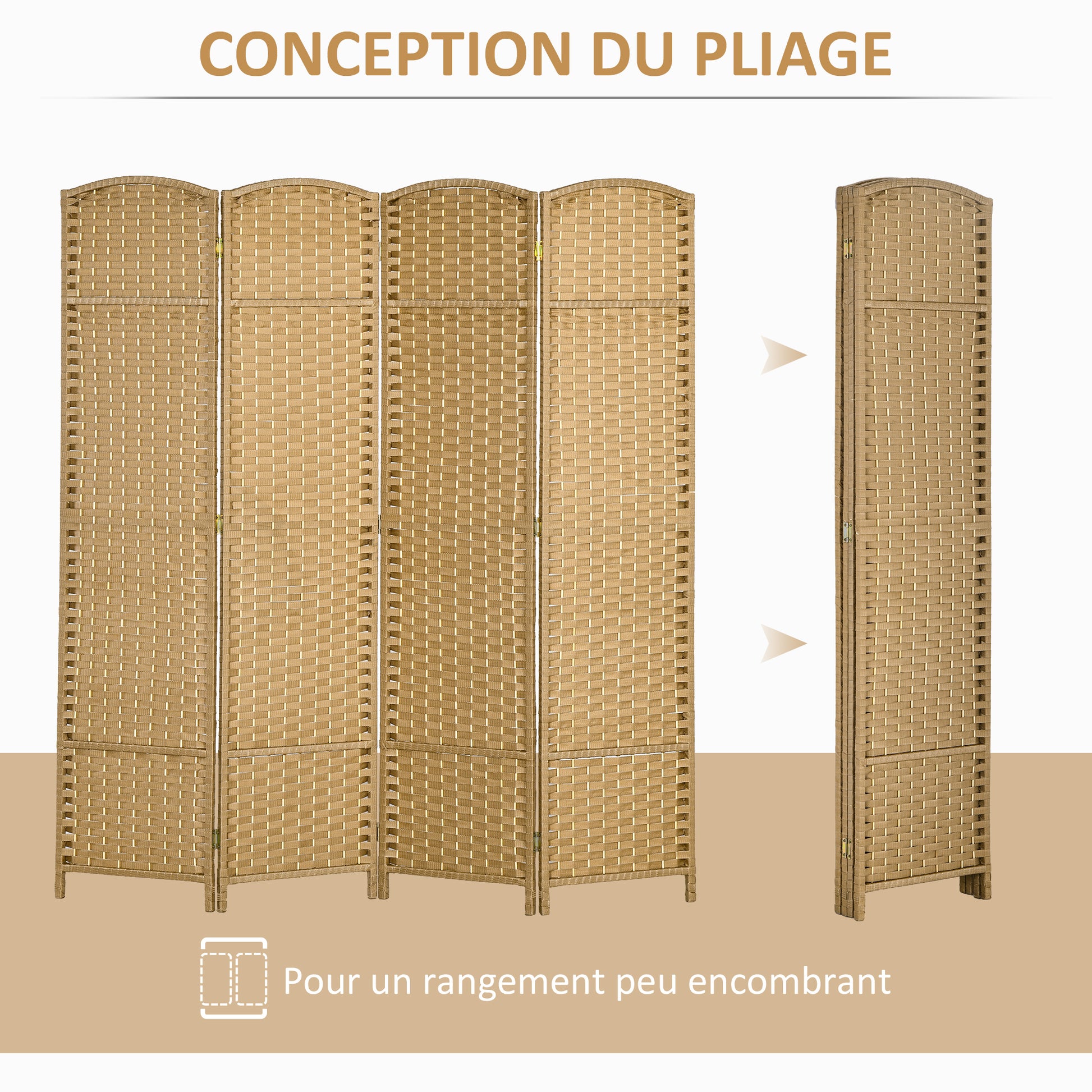 Indoor Wooden Room Divider 4 Panels 160 x 170 cm Foldable Privacy Screen with Woven Finish, Separation Partition for Living Room, Bedroom, Home, Natural Wood
