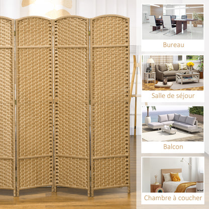 Indoor Wooden Room Divider 4 Panels 160 x 170 cm Foldable Privacy Screen with Woven Finish, Separation Partition for Living Room, Bedroom, Home, Natural Wood