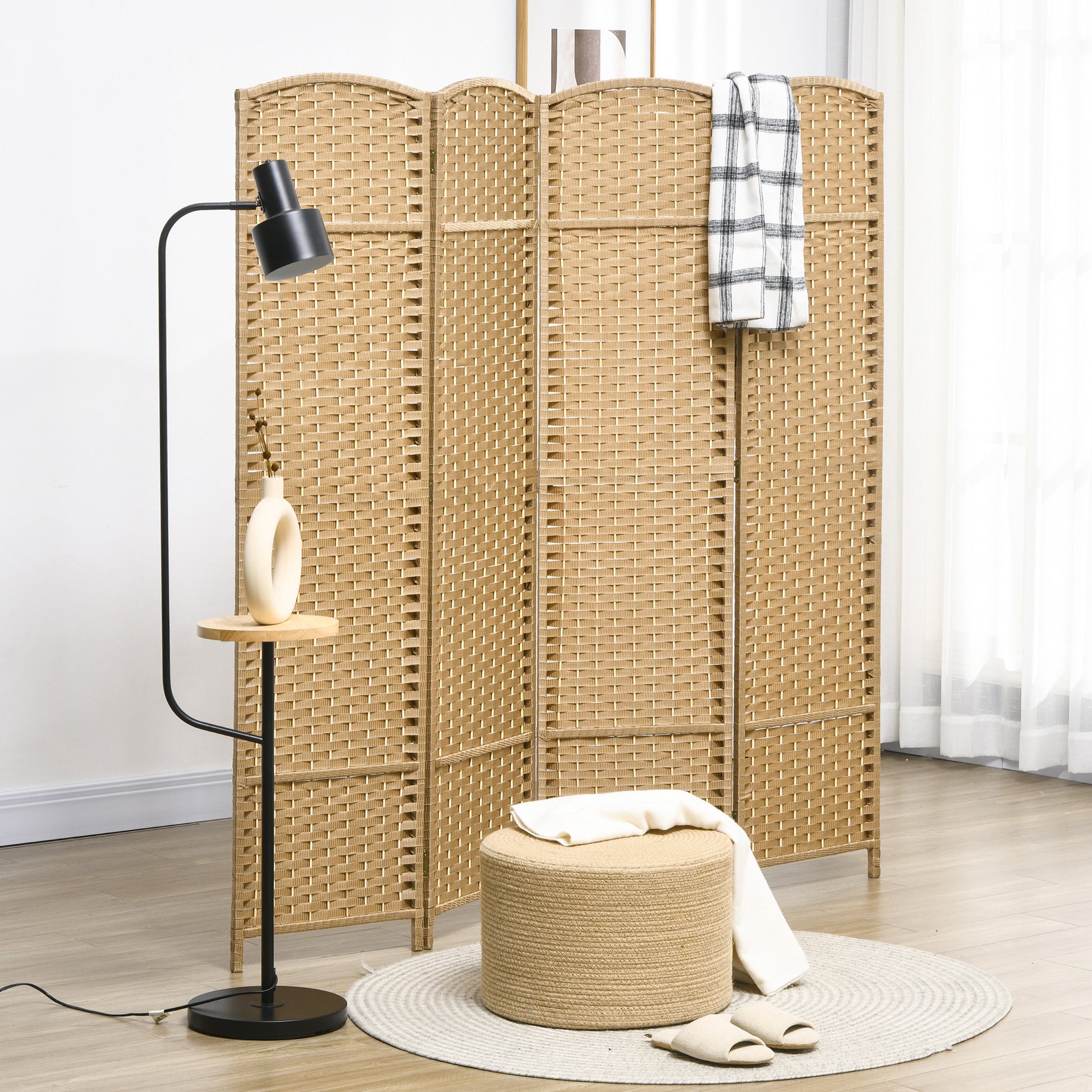 Indoor Wooden Room Divider 4 Panels 160 x 170 cm Foldable Privacy Screen with Woven Finish, Separation Partition for Living Room, Bedroom, Home, Natural Wood