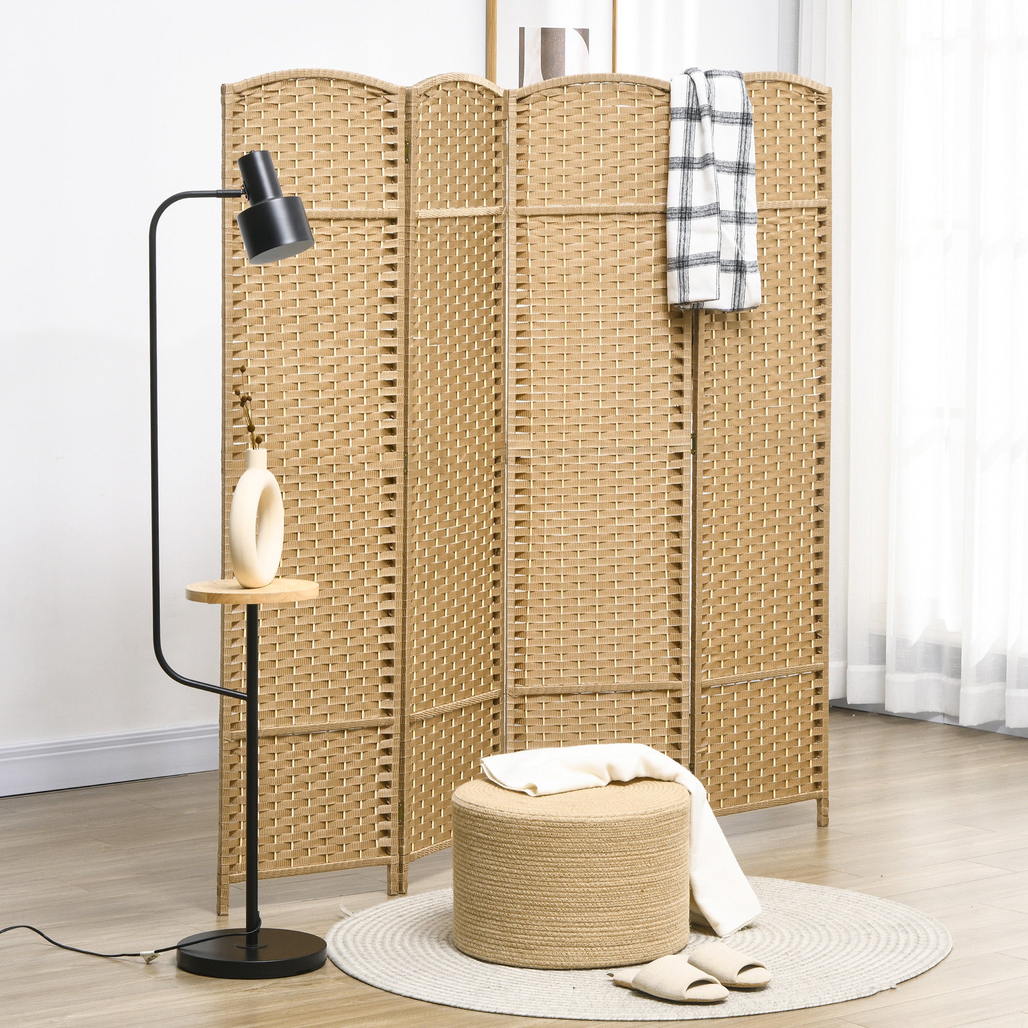 Indoor Wooden Room Divider 4 Panels 160 x 170 cm Foldable Privacy Screen with Woven Finish, Separation Partition for Living Room, Bedroom, Home, Natural Wood