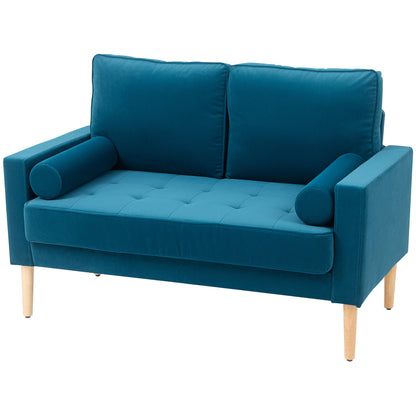 2-Seater Modern Velvet Sofa 127 cm, Thick Spring Cushions, Hevea Wood Legs, 2 Pillows and Tufted Seat, 2-Seater Bench for Living Room, Bedroom, Small Space, Blue