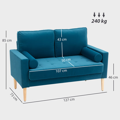 2-Seater Modern Velvet Sofa 127 cm, Thick Spring Cushions, Hevea Wood Legs, 2 Pillows and Tufted Seat, 2-Seater Bench for Living Room, Bedroom, Small Space, Blue