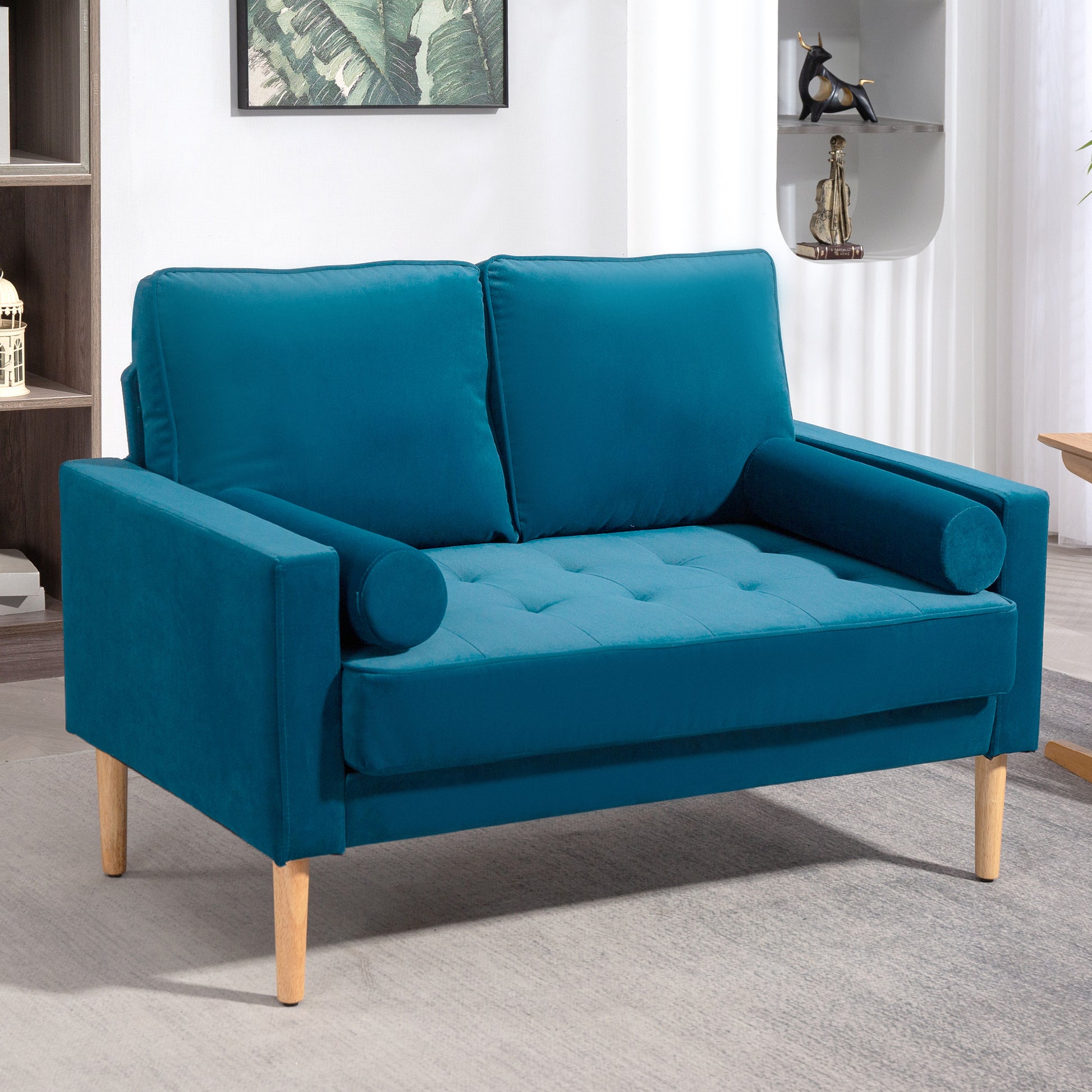 2-Seater Modern Velvet Sofa 127 cm, Thick Spring Cushions, Hevea Wood Legs, 2 Pillows and Tufted Seat, 2-Seater Bench for Living Room, Bedroom, Small Space, Blue