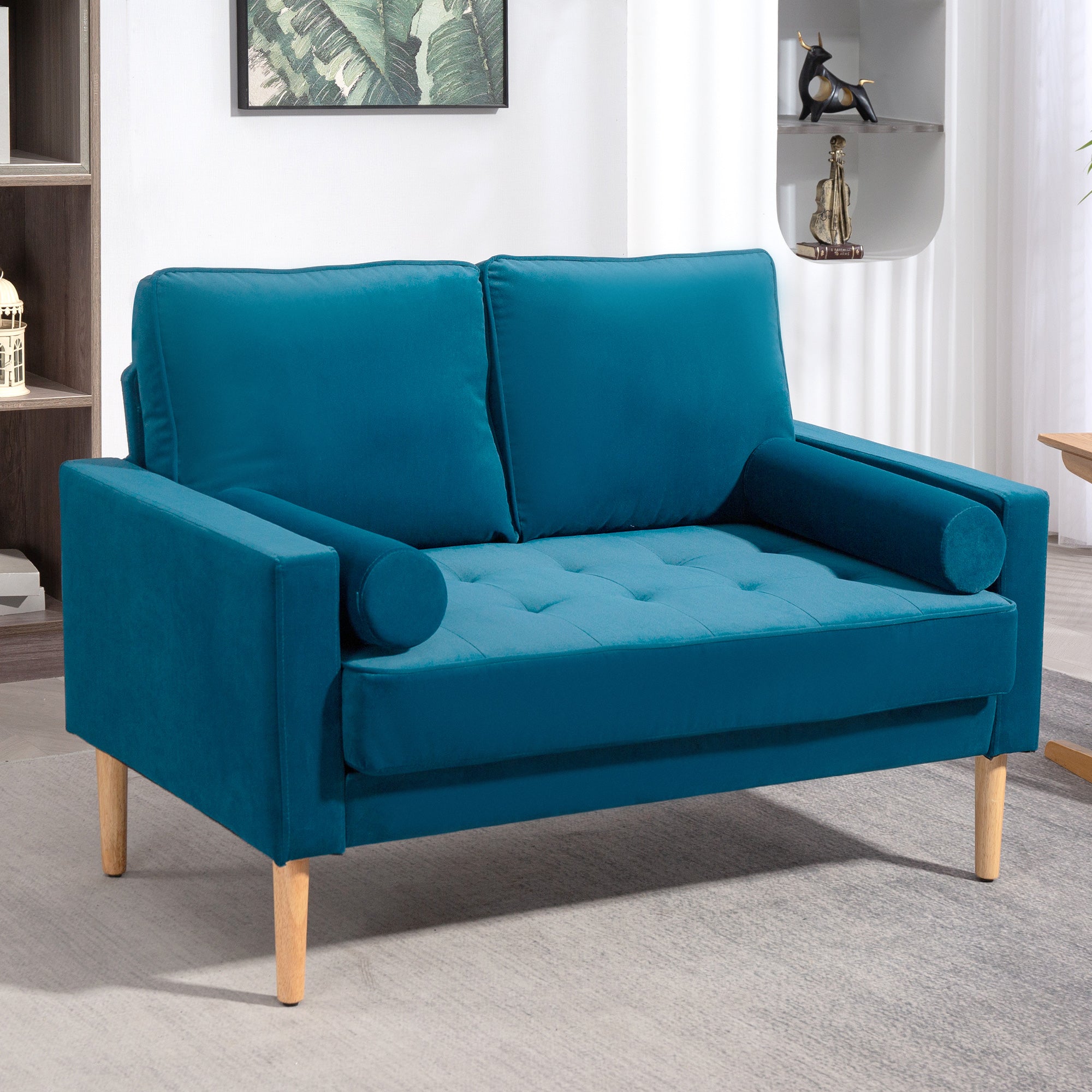 2-Seater Modern Velvet Sofa 127 cm, Thick Spring Cushions, Hevea Wood Legs, 2 Pillows and Tufted Seat, 2-Seater Bench for Living Room, Bedroom, Small Space, Blue