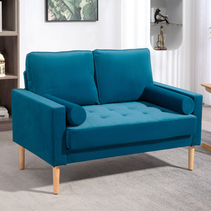 2-Seater Modern Velvet Sofa 127 cm, Thick Spring Cushions, Hevea Wood Legs, 2 Pillows and Tufted Seat, 2-Seater Bench for Living Room, Bedroom, Small Space, Blue