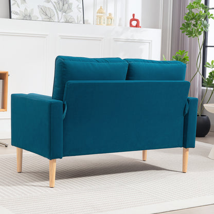 2-Seater Modern Velvet Sofa 127 cm, Thick Spring Cushions, Hevea Wood Legs, 2 Pillows and Tufted Seat, 2-Seater Bench for Living Room, Bedroom, Small Space, Blue