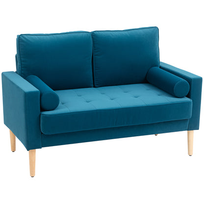 2-Seater Modern Velvet Sofa 127 cm, Thick Spring Cushions, Hevea Wood Legs, 2 Pillows and Tufted Seat, 2-Seater Bench for Living Room, Bedroom, Small Space, Blue