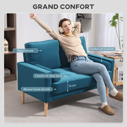 2-Seater Modern Velvet Sofa 127 cm, Thick Spring Cushions, Hevea Wood Legs, 2 Pillows and Tufted Seat, 2-Seater Bench for Living Room, Bedroom, Small Space, Blue