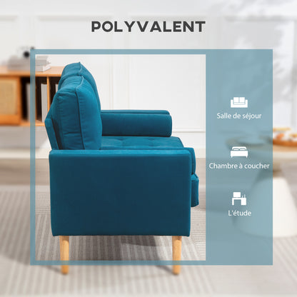 2-Seater Modern Velvet Sofa 127 cm, Thick Spring Cushions, Hevea Wood Legs, 2 Pillows and Tufted Seat, 2-Seater Bench for Living Room, Bedroom, Small Space, Blue