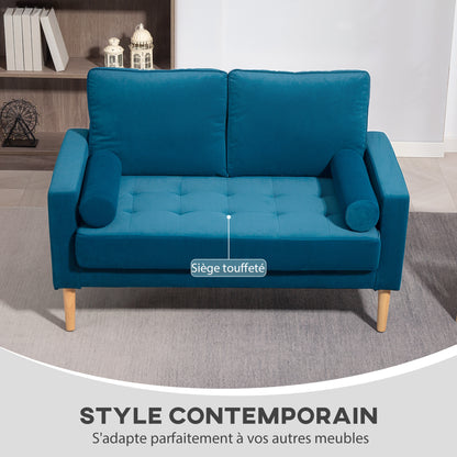 2-Seater Modern Velvet Sofa 127 cm, Thick Spring Cushions, Hevea Wood Legs, 2 Pillows and Tufted Seat, 2-Seater Bench for Living Room, Bedroom, Small Space, Blue