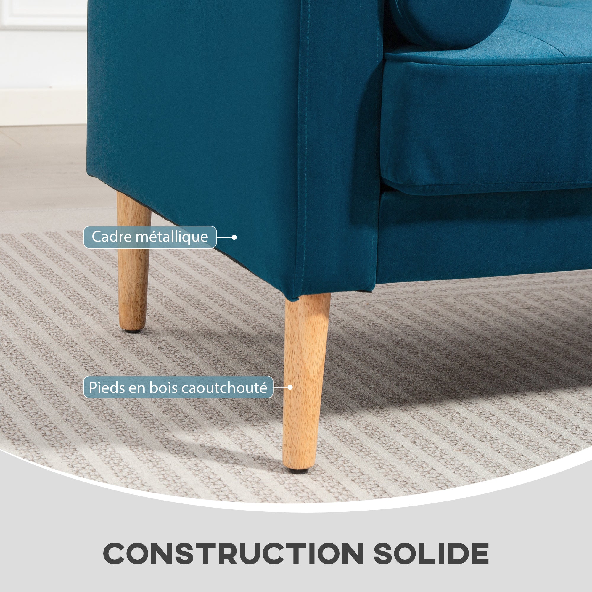 2-Seater Modern Velvet Sofa 127 cm, Thick Spring Cushions, Hevea Wood Legs, 2 Pillows and Tufted Seat, 2-Seater Bench for Living Room, Bedroom, Small Space, Blue