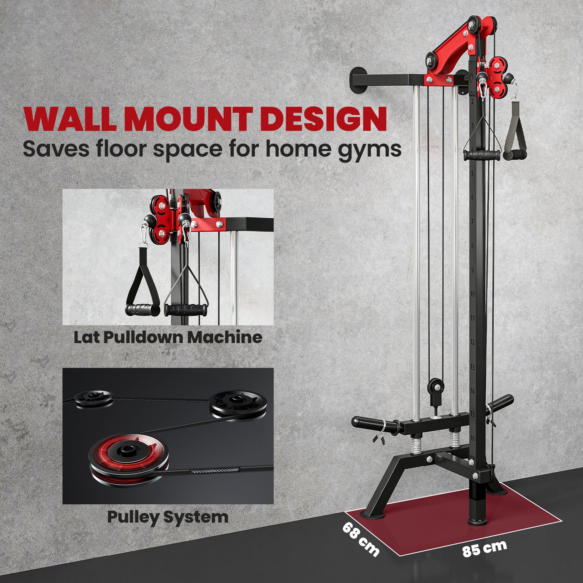 SPORTNOW Wall-Mounted Lat Machine with 16 Adjustable Pulley Positions, Cable Station with Pulldown Bar and Adjustable Weight Posts, Heavy-Duty Steel for Home & Gym