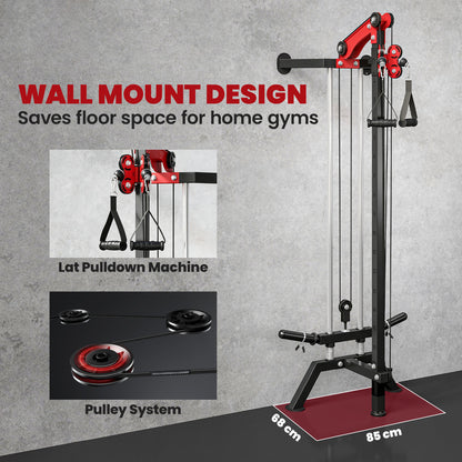 SPORTNOW Wall-Mounted Lat Machine with 16 Adjustable Pulley Positions, Cable Station with Pulldown Bar and Adjustable Weight Posts, Heavy-Duty Steel for Home & Gym