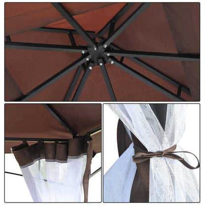 Garden Gazebo 3x3m Gazebo with Double Roof and Side Mesh Panels with Zip Good Ventilation Gazebo for Terrace Events Parties Weddings Brown and White