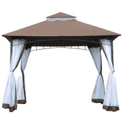 Garden Gazebo 3x3m Gazebo with Double Roof and Side Mesh Panels with Zip Good Ventilation Gazebo for Terrace Events Parties Weddings Brown and White