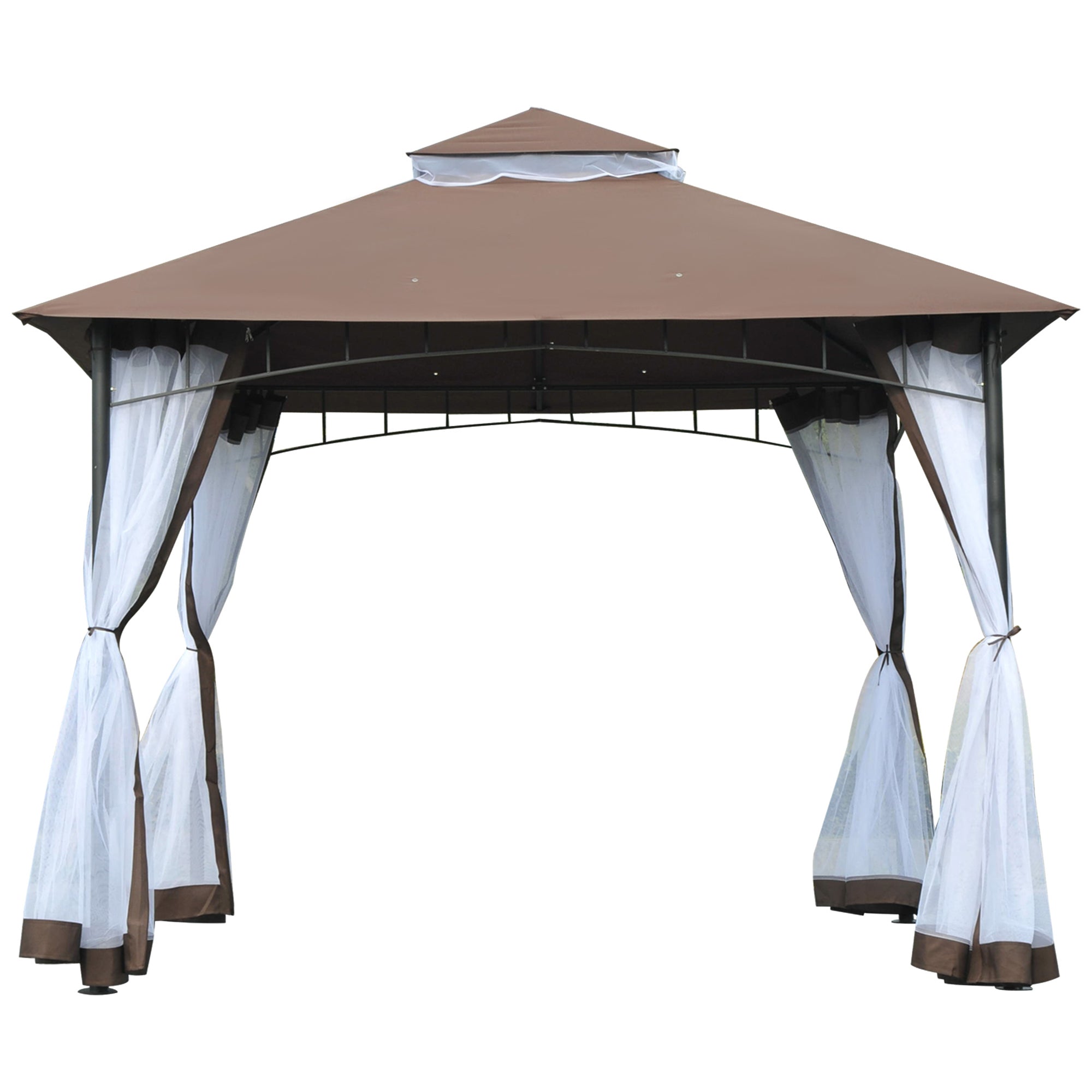 Garden Gazebo 3x3m Gazebo with Double Roof and Side Mesh Panels with Zip Good Ventilation Gazebo for Terrace Events Parties Weddings Brown and White