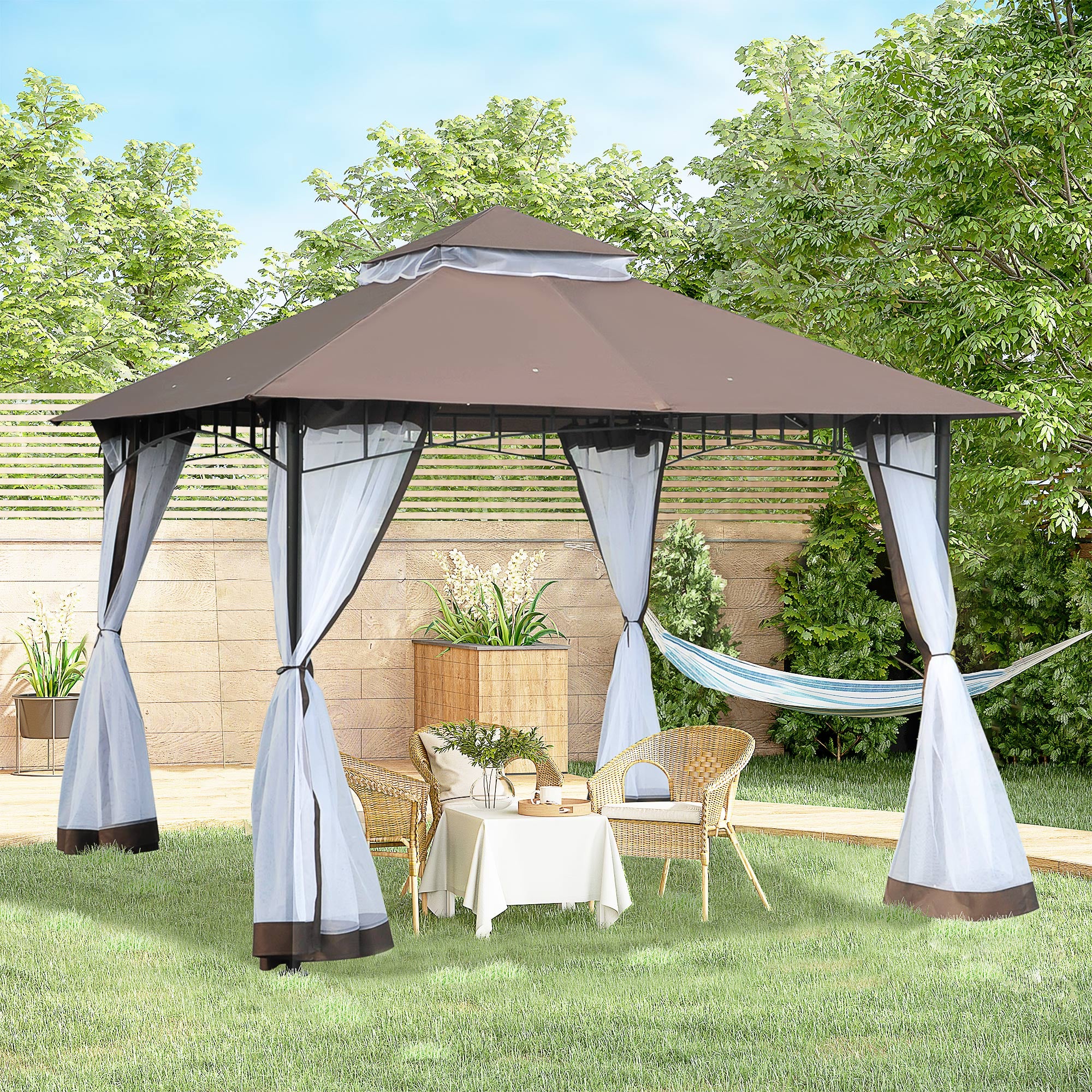 Garden Gazebo 3x3m Gazebo with Double Roof and Side Mesh Panels with Zip Good Ventilation Gazebo for Terrace Events Parties Weddings Brown and White