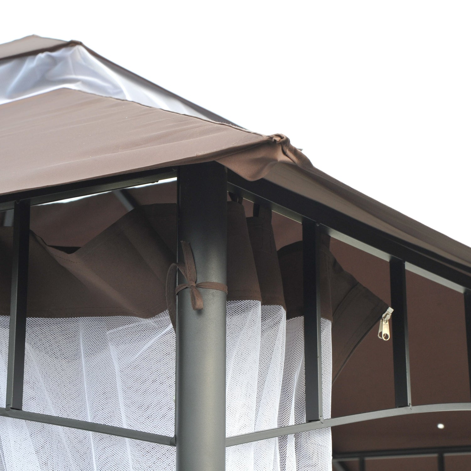Garden Gazebo 3x3m Gazebo with Double Roof and Side Mesh Panels with Zip Good Ventilation Gazebo for Terrace Events Parties Weddings Brown and White