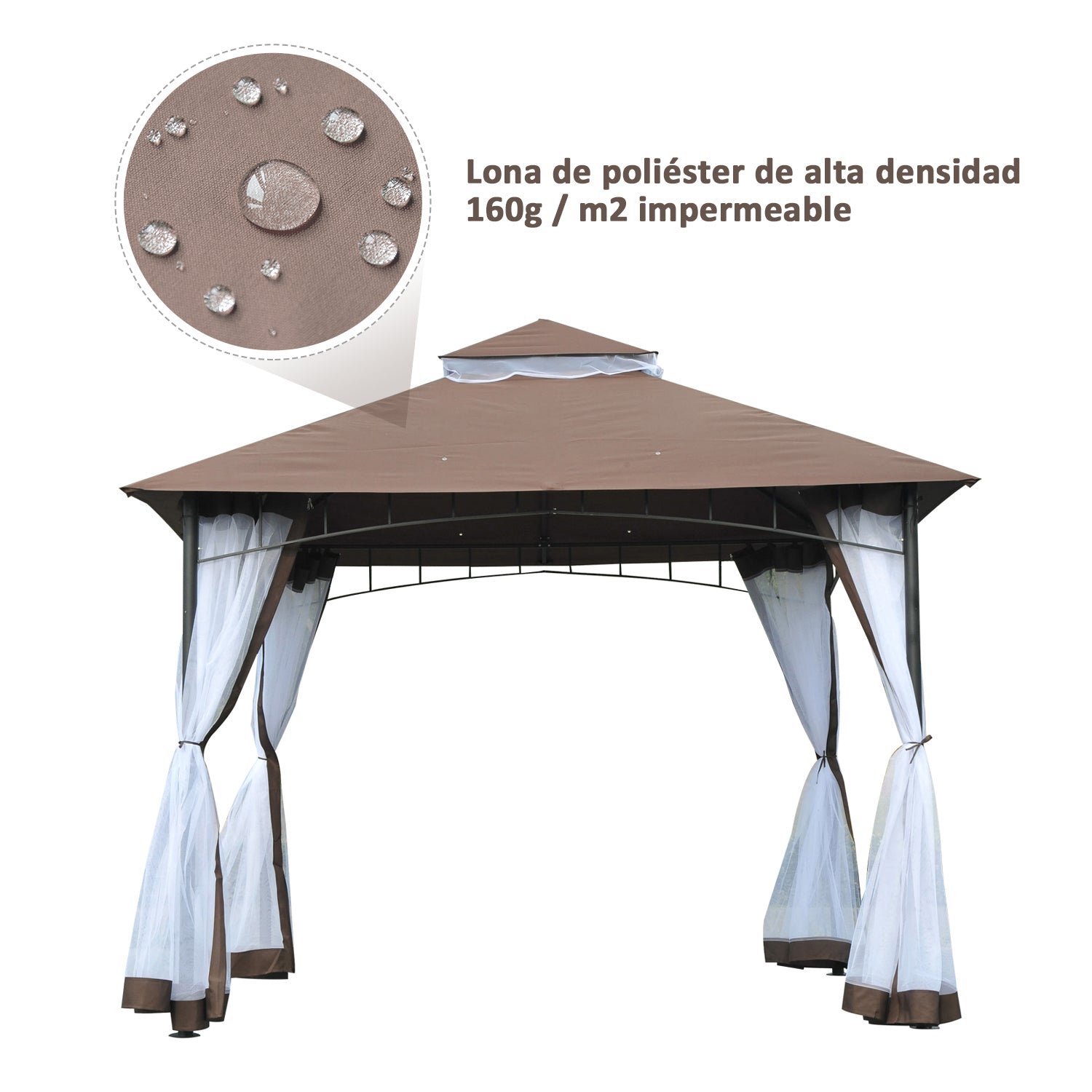 Garden Gazebo 3x3m Gazebo with Double Roof and Side Mesh Panels with Zip Good Ventilation Gazebo for Terrace Events Parties Weddings Brown and White