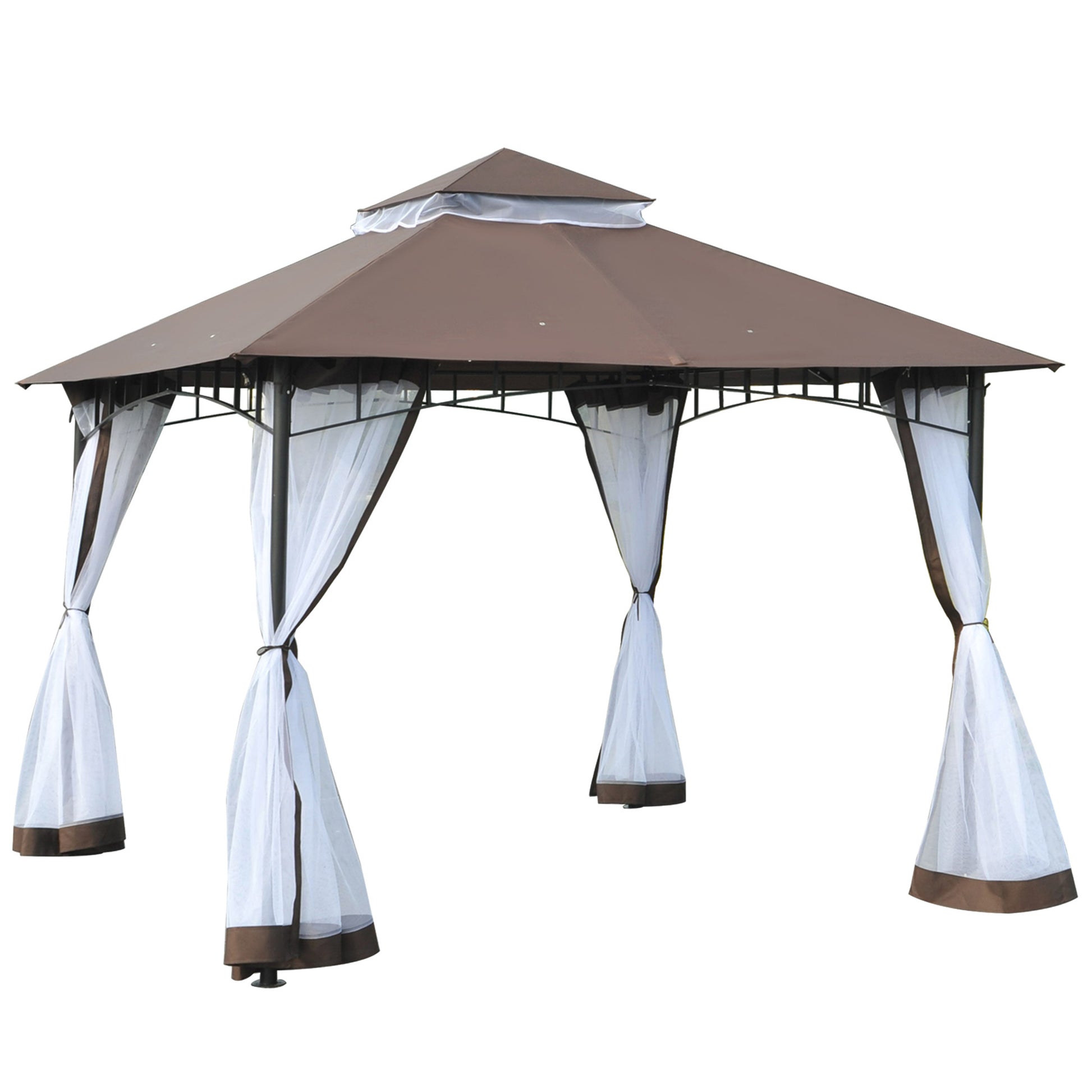 Garden Gazebo 3x3m Gazebo with Double Roof and Side Mesh Panels with Zip Good Ventilation Gazebo for Terrace Events Parties Weddings Brown and White