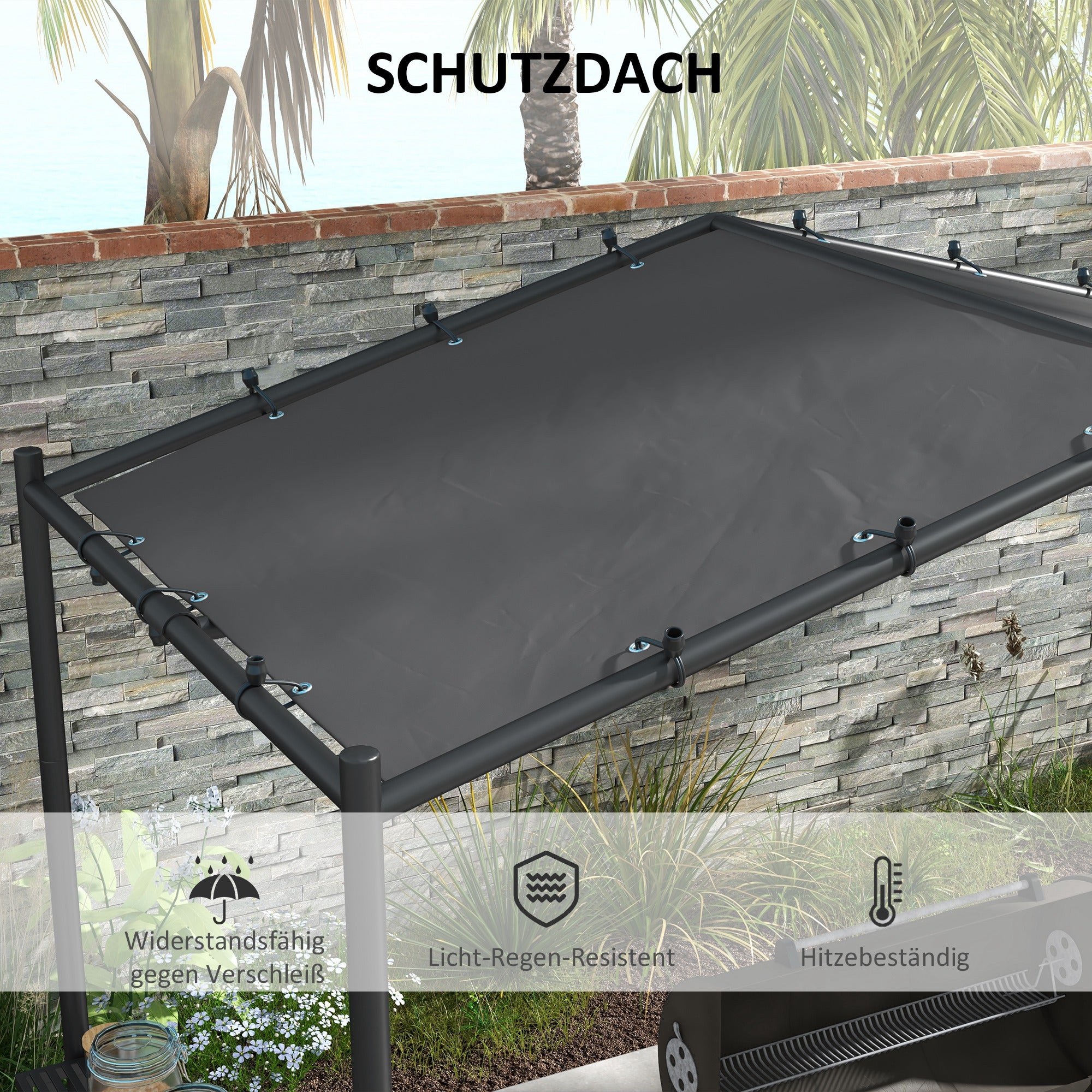 Grill Pavilion 277 x 149 x 230 cm waterproof flame retardant Garden Pavilion with side shelves, Gazebos with UV Protection, BBQ Pavilion made of Steel, Garden Tent Barbecue Tent for Party BBQ, Dark Gray