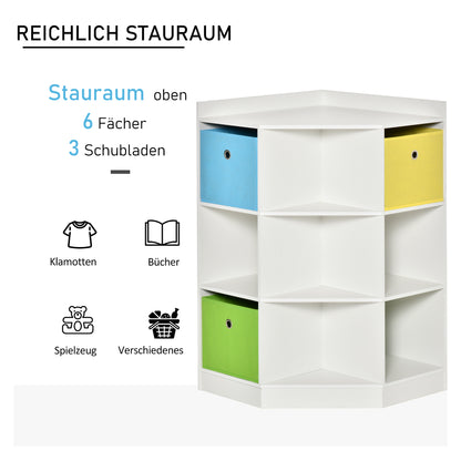 Children's Shelves Corner Shelf with 3 Storage Boxes Kids Room Toy Storage for 3-12 Years Kids White 57.4 x 57.4 x 94 cm