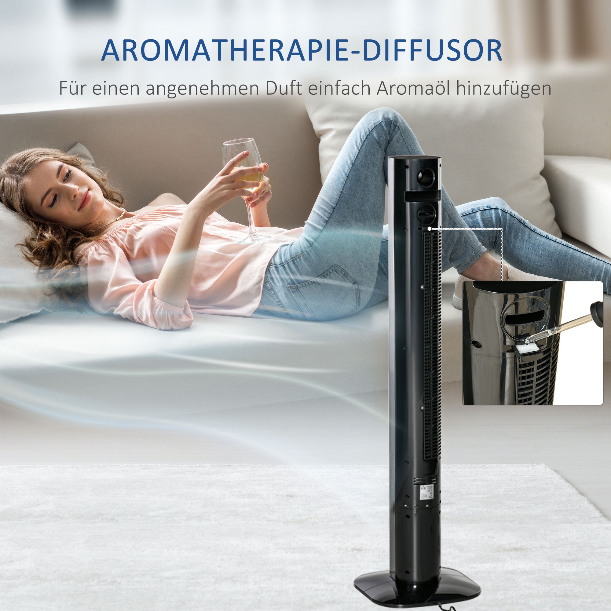 Tower Fan with Remote Control 45W 70° Oscillation Column Fan Fan with Aroma Diffuser Timer Function 3 Ventilation Levels Black