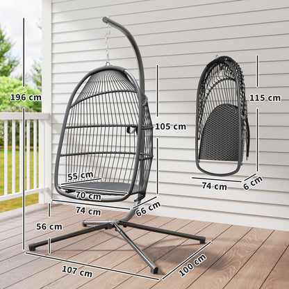 Egg Hanging Chair with Stand — Foldable PE Rattan Swing with UV-Resistant Cushion and Removable Headrest for Indoor & Outdoor, 331 lb Capacity, Dark Gray