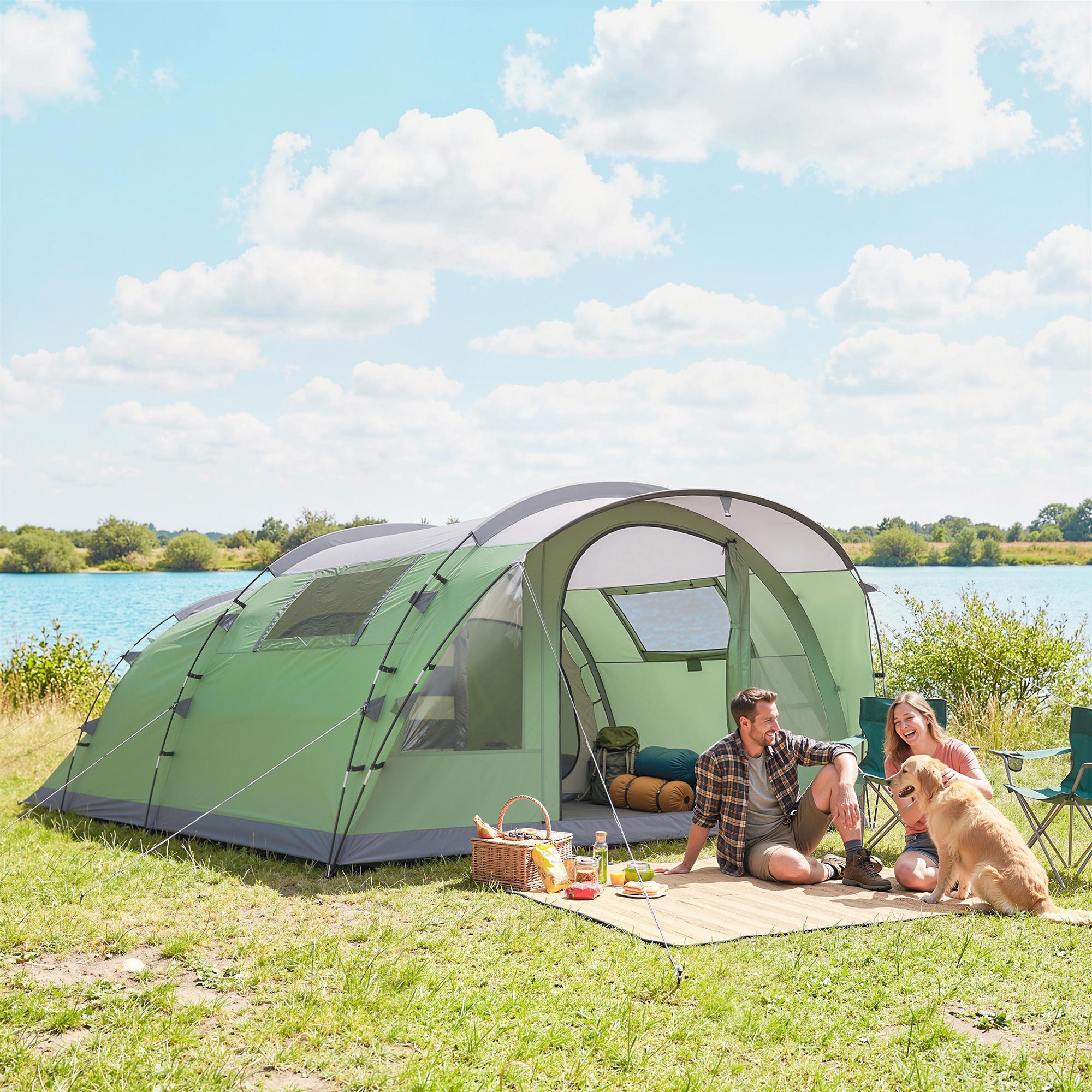 2–4 Person Tunnel Family Tent — 196 cm (6'5") High, 2 Bedrooms, 3000 mm Waterproof, Front Porch & 4 Windows — Light Green