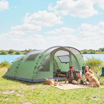 2–4 Person Tunnel Family Tent — 196 cm (6'5") High, 2 Bedrooms, 3000 mm Waterproof, Front Porch & 4 Windows — Light Green