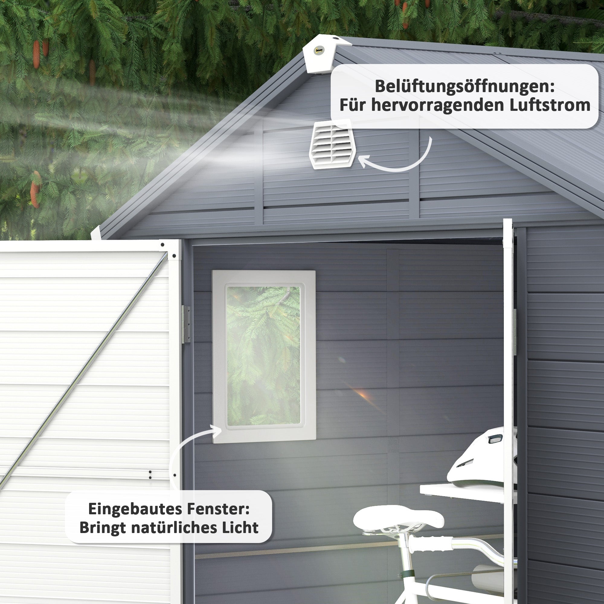 Tool Shed 4.1m³, Garden Shed with Gable Roof, 240 x 190 x 180/228 cm, Tool Shed with Lockable Door, Window, Bicycle Garage, Garden Cabinet for Backyard, Garden, Gray