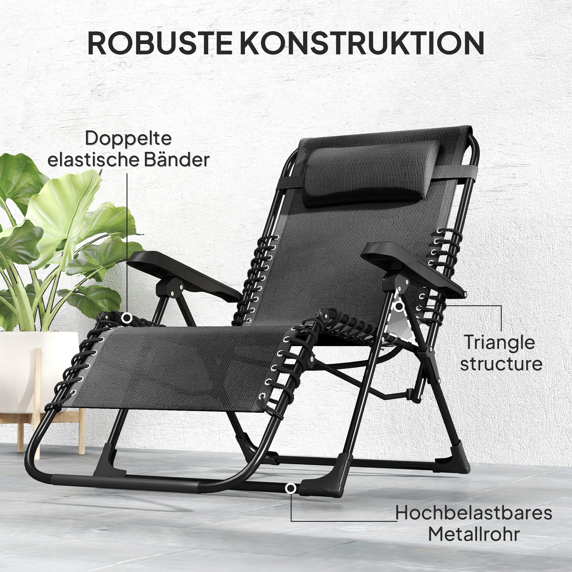 Folding Sun Bed Garden Bed with Headrest, Recliner with 5-Position Adjustable Backrest, Weatherproof Camping Bed, Garden Chair up to 120 kg Capacity, for Garden Outdoor Beach, Black