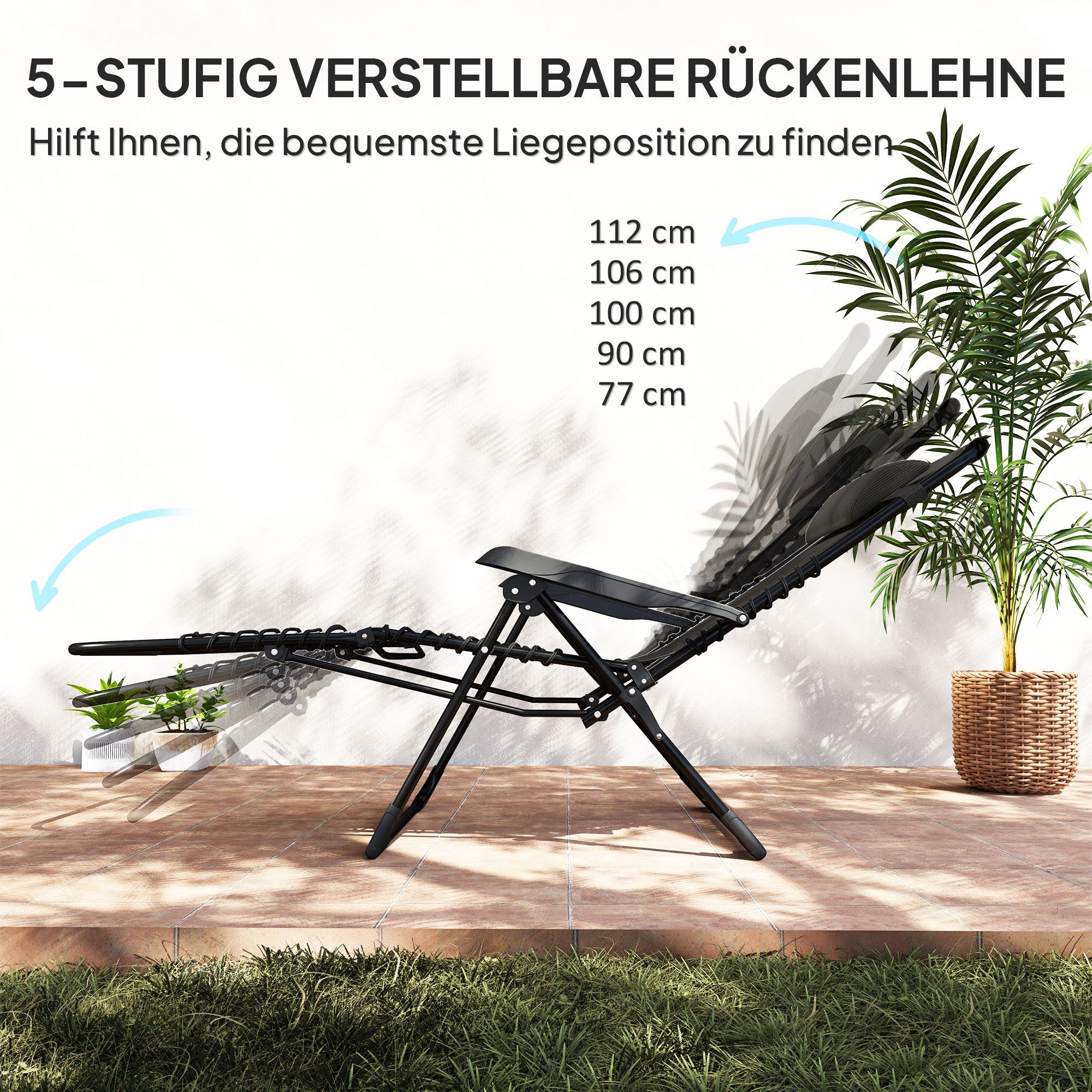 Folding Sun Bed Garden Bed with Headrest, Recliner with 5-Position Adjustable Backrest, Weatherproof Camping Bed, Garden Chair up to 120 kg Capacity, for Garden Outdoor Beach, Black