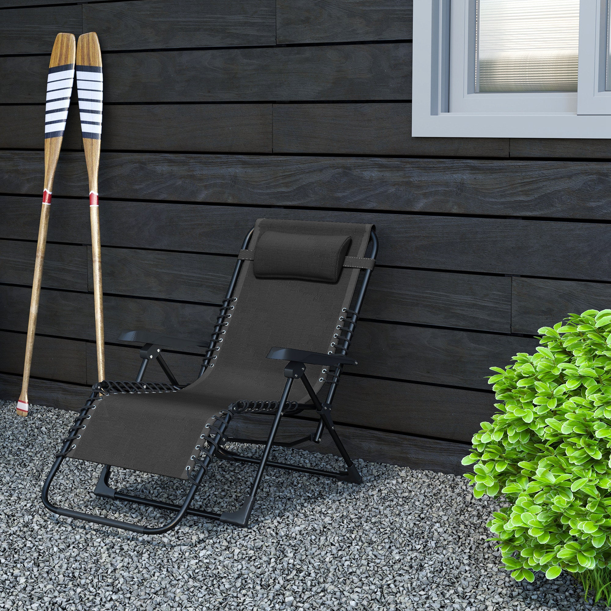 Folding Sun Bed Garden Bed with Headrest, Recliner with 5-Position Adjustable Backrest, Weatherproof Camping Bed, Garden Chair up to 120 kg Capacity, for Garden Outdoor Beach, Black