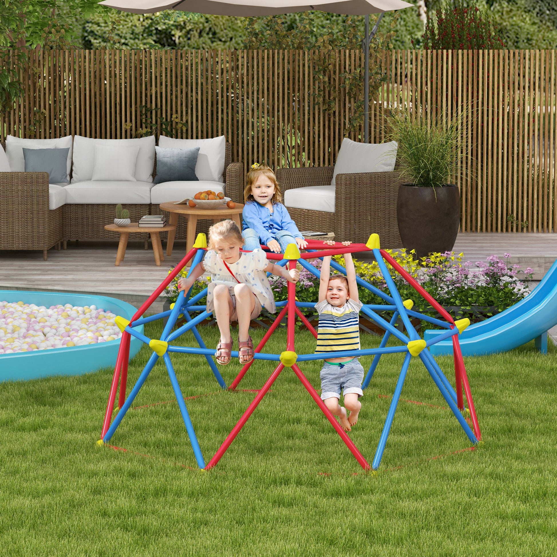 Climbing Dome Geometric Climbing Structure Playground for 3-8 Year Olds with UV-Resistant Metal Frame Load 180 kg for Garden Patio Ø183x90 cm Red and Blue