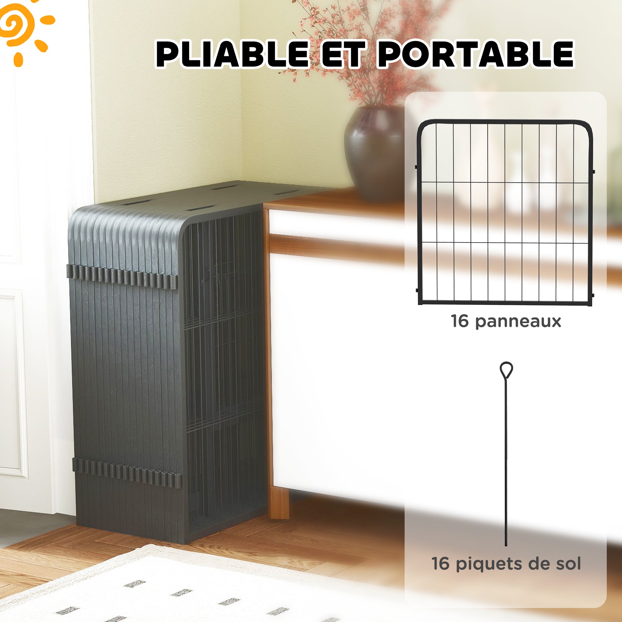 Dog Park, 16-Panel Modular and Foldable Dog Enclosure, Portable Metal Enclosure 60H cm with Door, Fence for Cat, Puppy, and Small Animals, Indoor and Outdoor, Black