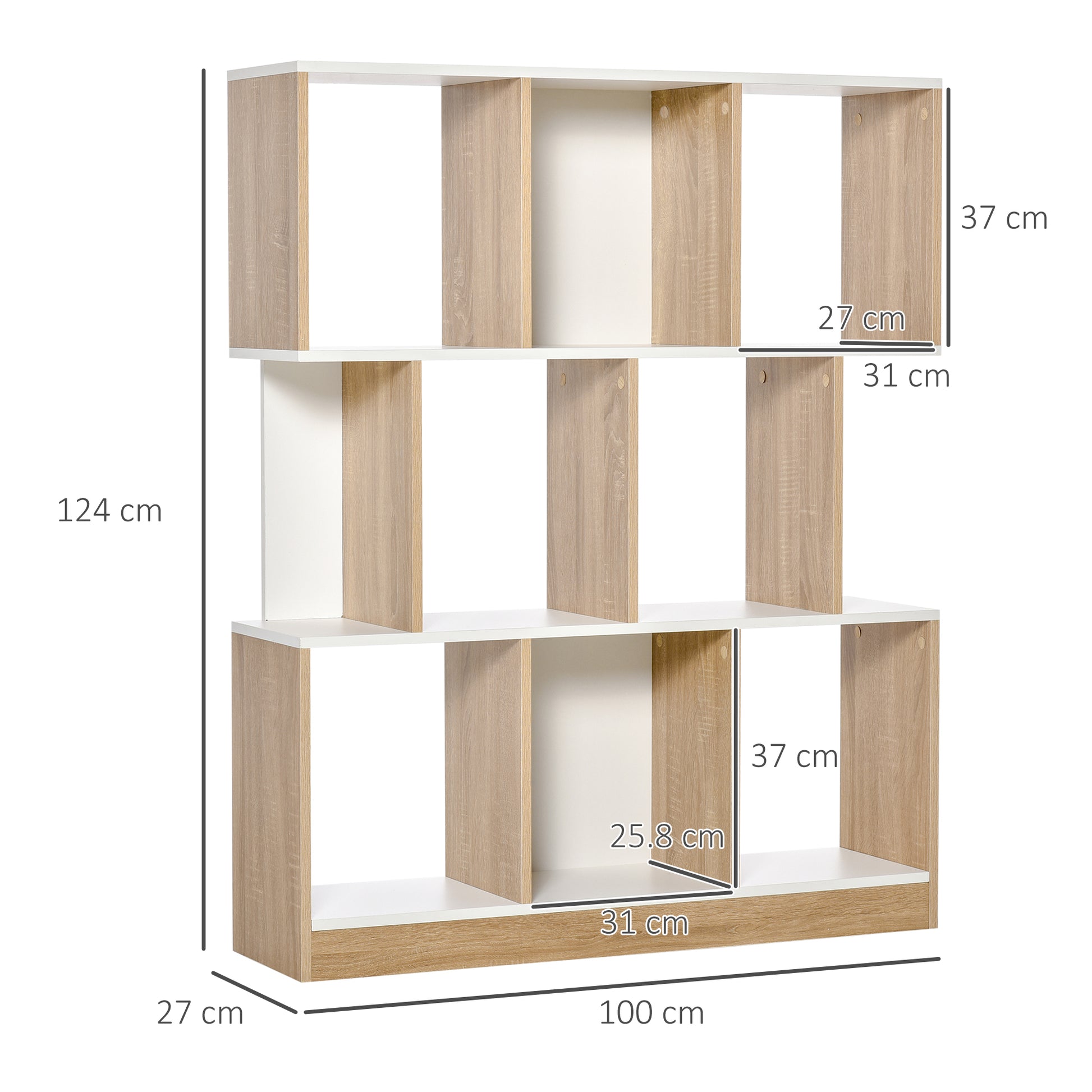 8-Tier Mobile Bookcase for Living Room and Bedroom, Modern Chipboard Bookshelf, 100x24x124 cm, White and Oak