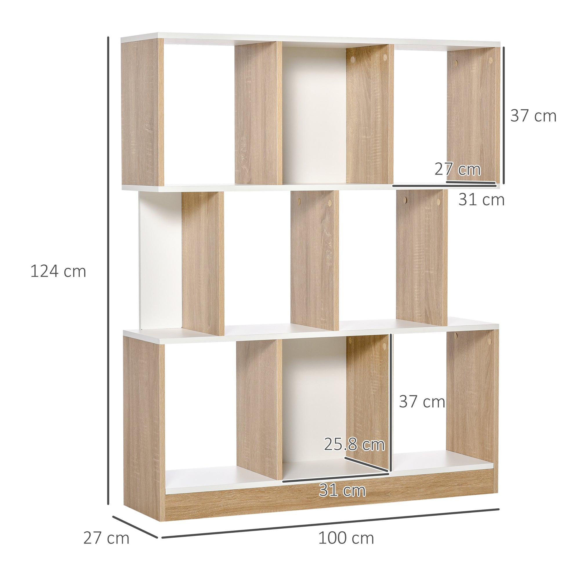 8-Tier Mobile Bookcase for Living Room and Bedroom, Modern Chipboard Bookshelf, 100x24x124 cm, White and Oak