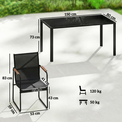 7-Piece Outdoor Dining Set — 59.1" x 31.5" Tempered Glass Table with 6 Breathable Mesh Chairs, Weather-Resistant, Black