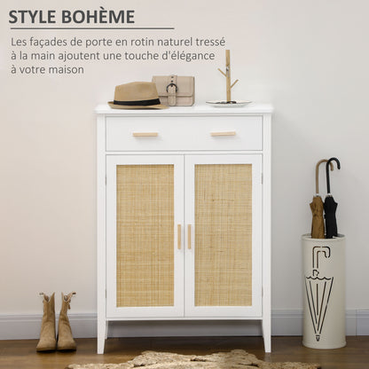 Shoe Cabinet Entryway Storage Cabinet with 2 Cane Effect Doors Drawer - 80 x 35 x 110 cm - White