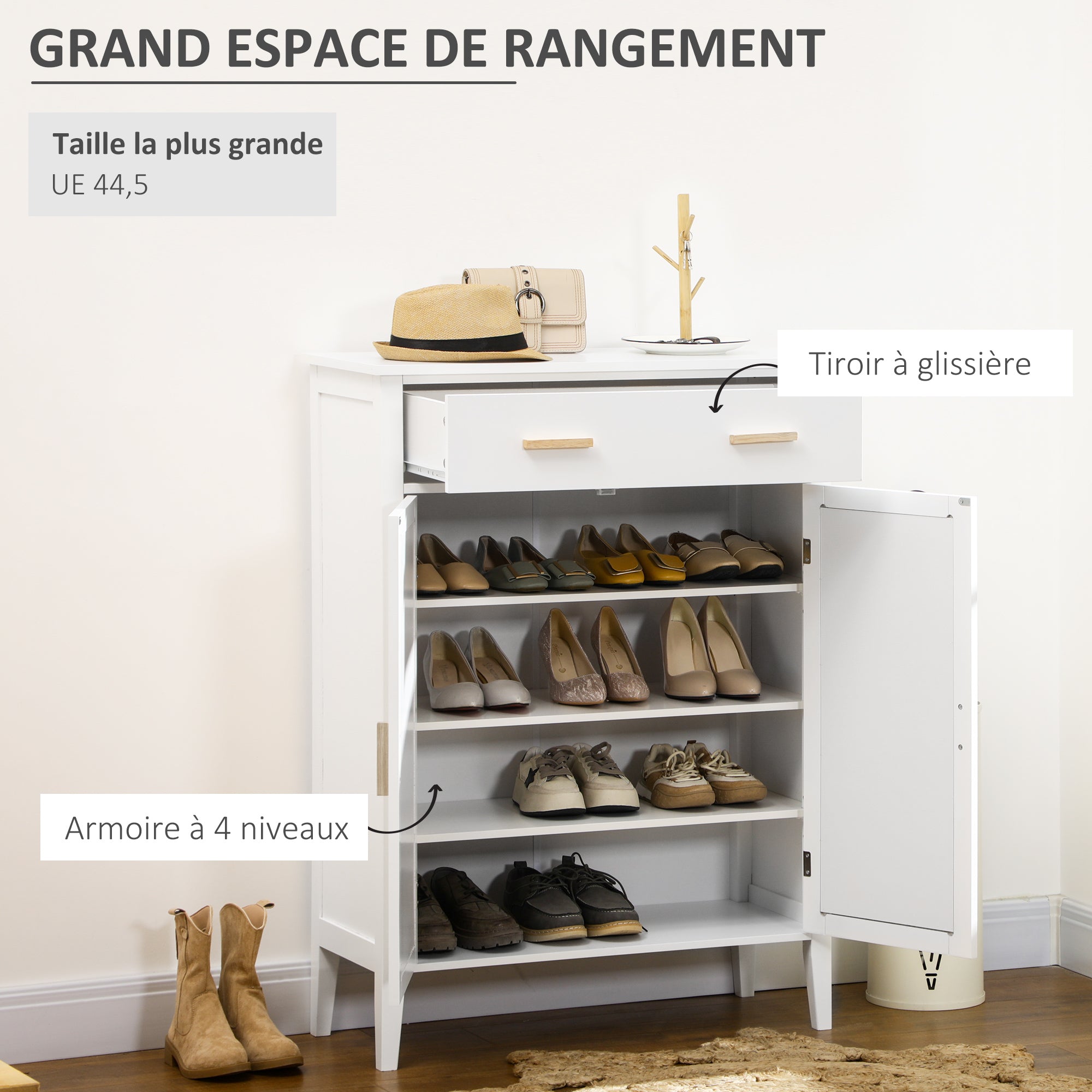 Shoe Cabinet Entryway Storage Cabinet with 2 Cane Effect Doors Drawer - 80 x 35 x 110 cm - White