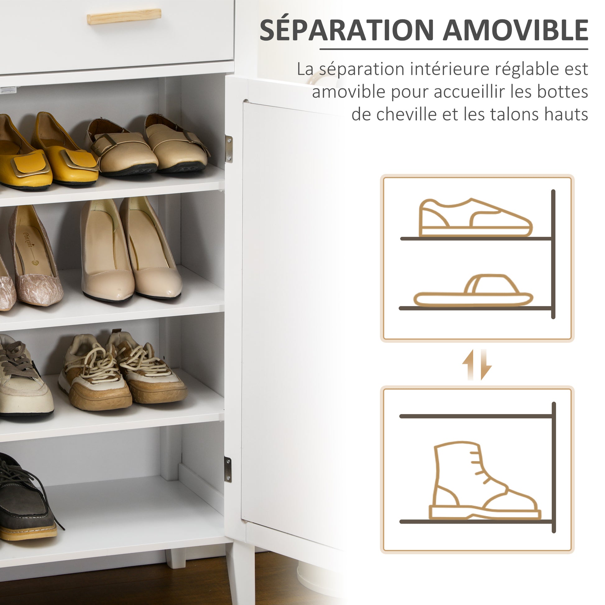 Shoe Cabinet Entryway Storage Cabinet with 2 Cane Effect Doors Drawer - 80 x 35 x 110 cm - White