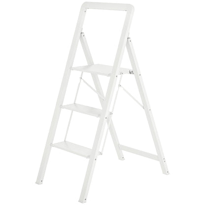 Step Ladder Stepladder with 3 Steps Anti-Slip Folding Step Stool with Handle up to 150 kg Capacity Lightweight Aluminum Ladder 66.3 x 41.5 x 104.6 cm White