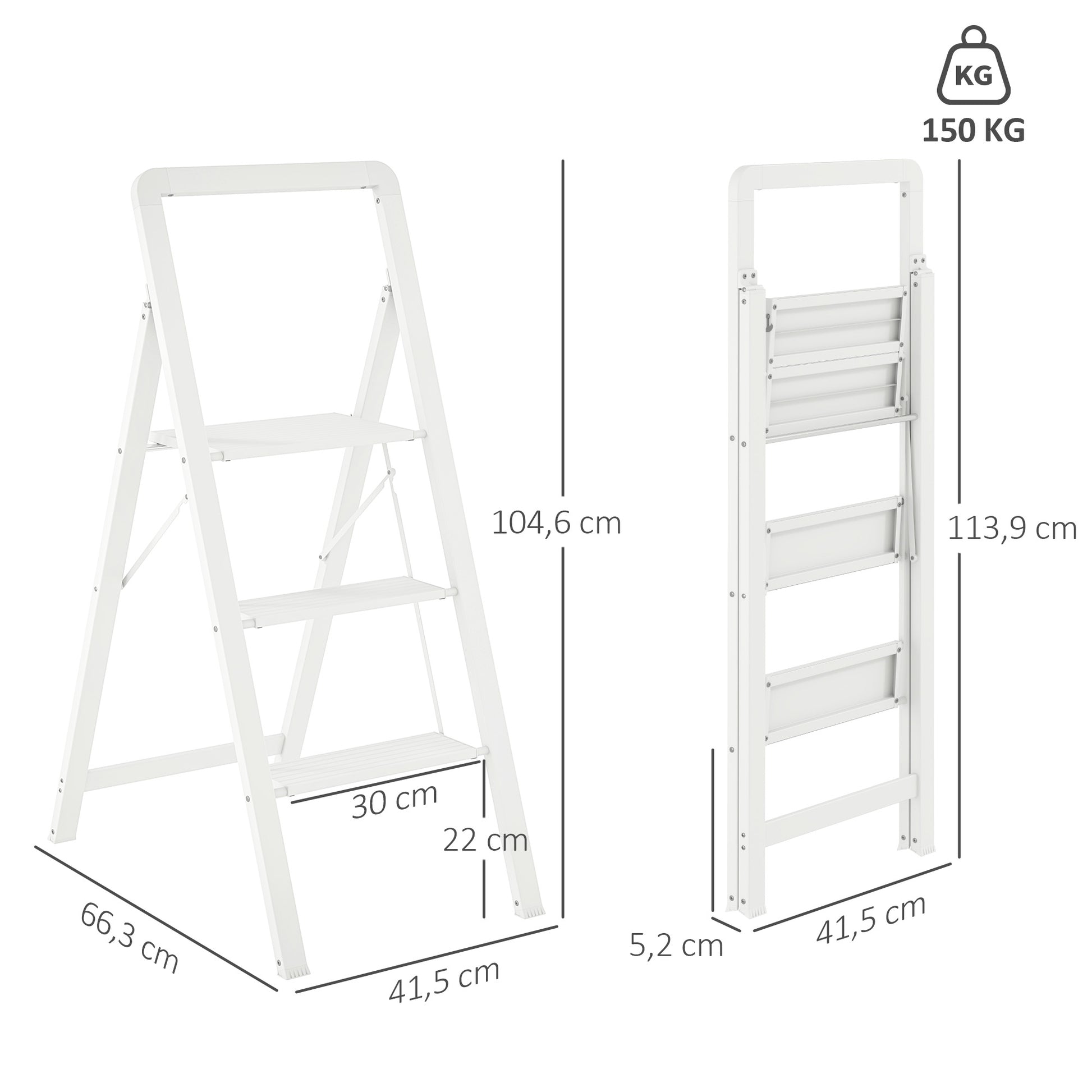 Step Ladder Stepladder with 3 Steps Anti-Slip Folding Step Stool with Handle up to 150 kg Capacity Lightweight Aluminum Ladder 66.3 x 41.5 x 104.6 cm White