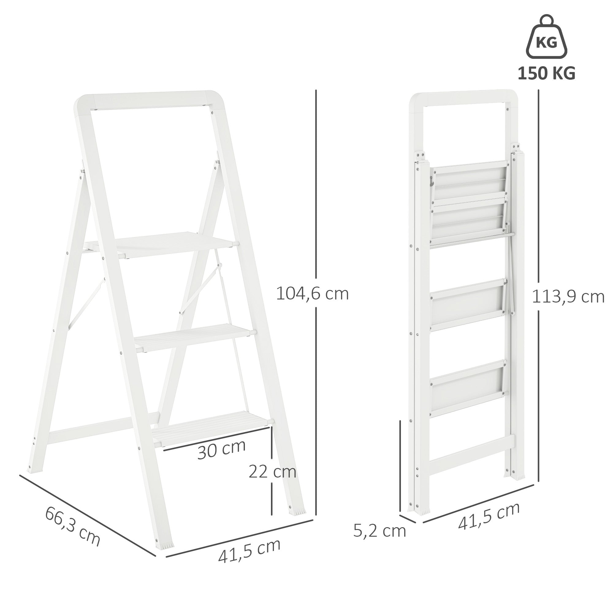 Step Ladder Stepladder with 3 Steps Anti-Slip Folding Step Stool with Handle up to 150 kg Capacity Lightweight Aluminum Ladder 66.3 x 41.5 x 104.6 cm White