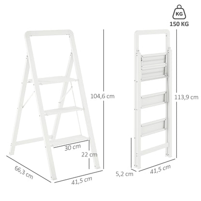 Step Ladder Stepladder with 3 Steps Anti-Slip Folding Step Stool with Handle up to 150 kg Capacity Lightweight Aluminum Ladder 66.3 x 41.5 x 104.6 cm White
