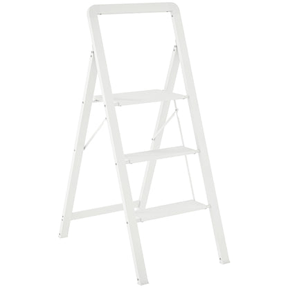 Step Ladder Stepladder with 3 Steps Anti-Slip Folding Step Stool with Handle up to 150 kg Capacity Lightweight Aluminum Ladder 66.3 x 41.5 x 104.6 cm White