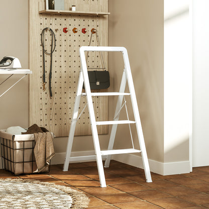Step Ladder Stepladder with 3 Steps Anti-Slip Folding Step Stool with Handle up to 150 kg Capacity Lightweight Aluminum Ladder 66.3 x 41.5 x 104.6 cm White