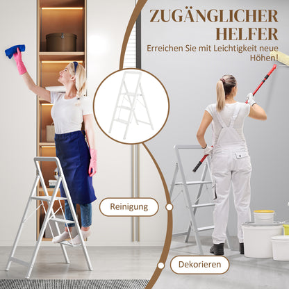 Step Ladder Stepladder with 3 Steps Anti-Slip Folding Step Stool with Handle up to 150 kg Capacity Lightweight Aluminum Ladder 66.3 x 41.5 x 104.6 cm White